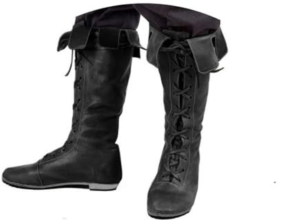 Agiyenna Stivali Medievali da Uomo Scarpe Steampunk Rinascimentali Stivali Western Retrò Stivali Slip-On Piatti con Tacco Spesso Stivali da Moto Casual Stringati Media Altezza in Tinta Unita