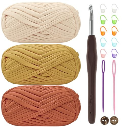 T-Shirt Garn, Bändchengarn zum Häkeln und Stricken Textilgarn 3 x 100g Dickes Polyester-Garn mit einer 6mm-Häkelnadel für Häkeltaschen, Teppiche, Heimdekoration und DIY-Kunsthandwerk
