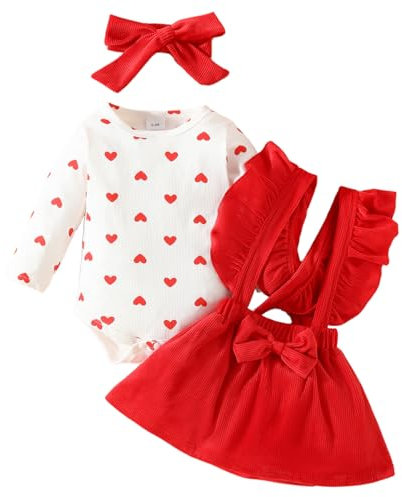 LUVCES Neonate Cuore Rosso Gonne Set Volant Manica lunga Pagliaccetto Top + Salopette Abito con bretelle Abiti per San Valentino Abiti 3pcs stampa d'amore 2 12-18 Mesi