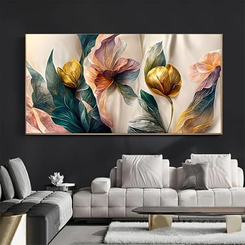 LSYALUCK Impression sur toile florale dorée verte et rose, décoration contemporaine pour salon, chambre à coucher, bureau à domicile, décoration murale, œuvre d'art 20x40cm cadre intérieur