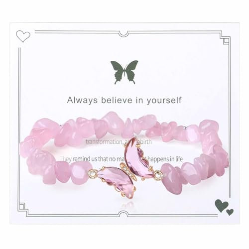 Sahoottie Pink Butterfly Bracelets Rose Quartz Crystal Bracelet for Women Rose Quartz Bracelet Butterfly Gifts Healing Stone Gemstone Jewellery