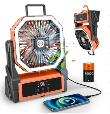 Ambesty Ventilador Camping Recargable,15000mAh Ventilador de Mesa, 4 Velocidades USB Fan Portátil con Luz LED, Gancho Colgar para Exteriores Picnic Pesca Oficina