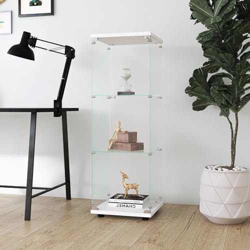 Vitrine aus Glas, Vitrine aus Glas mit 3 Regalen, Sammlerschrank mit Türen und Schloss für Bar, Wohnzimmer und Esszimmer, Hartglas, 42 x 36 x 125 cm (Weiß-01)
