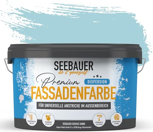 SEEBAUER diy Universal-Fassadenfarbe Blau 2,5L für Außen (No. 821 Arctic Blue) Hoch deckende Fassadenfarbe mit Wetterschutz - Geeignet für Putz, Mauerwerk und Beton