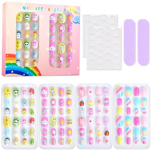 96PCS Stick on Nails for Kids - Kids Nails False - kids Fake nails with Jelly Stickers - Short Square Press on nails 12 Sizes - Cute Children False Nails Pink Yellow Animals & Rainbow Nail Art