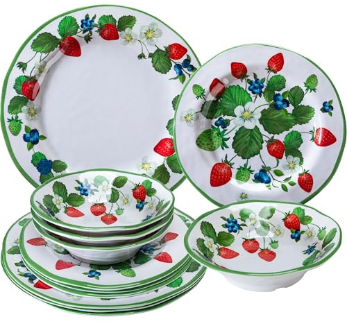 LEHAHA Strawberry Melamine Dinnerware Sets-12pcs Plates and Bowls Set, Lightweight/Unbreakable Camping Dishes Set for 4, Cute Kitchen Dinner Set for Indoor Outdoor Use