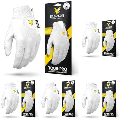 Lyle & Scott Tour Pro Premium Ultra Soft Cabretta Leather Golf Glove - Ultimate Grip, Moisture Control, Durable - Men's Golf Glove, White, Large, Left Hand (Pack of 5)