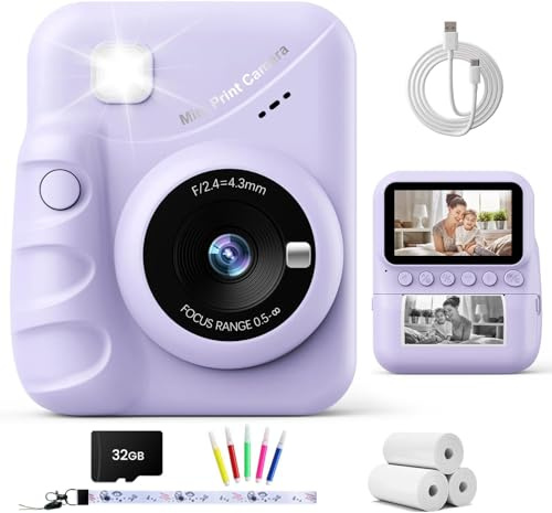 TIATUA Kinderkamera Sofortbildkamera, 3,0 Zoll Bildschirm 48MP 1080P, Lila | Inkl. 32GB Karte & 3 Papierrollen, Tintenfreier Druck, Selfie, MP3, Spielzeug Geschenk für Jungen & Mädchen 3-12 Jahre