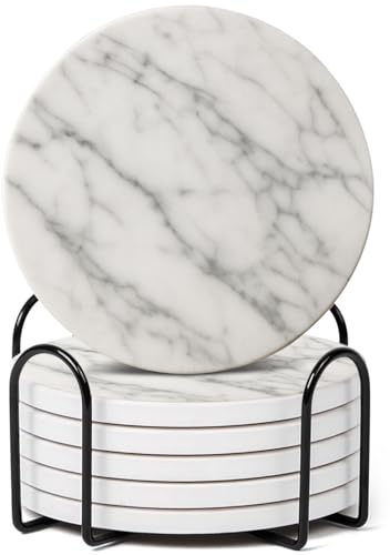 GRISHA Coasters Set of 6 - Homeware Delux White Marble Design Coasters Ceramic - Coasters with Holder and Cork Base,Home accessories,Coaster(Drinks) cup and Table decor,10cm 4inch