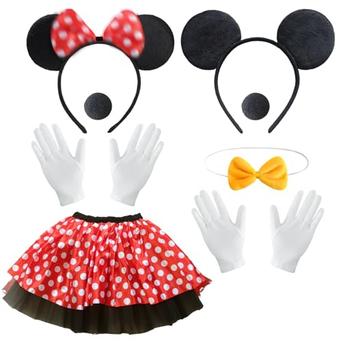 Orizizhic 8 Stück Maus Mouse Kostüm Damen, Mouse Tutu Rock 2 Mäuseohren 2 Mäusenase 1 Fliege Schleife 2 Handschuhe Faschingskostüme Damen für Fasching Mottoparty Cosplay Karneval Couple Valentinstag