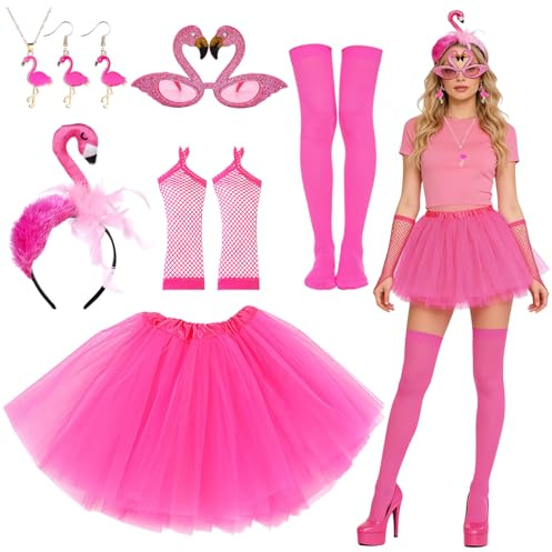 HTTDSLF Costume de flamant rose pour adulte, Déguisement Carnaval Femme, Deguisement Flamant Rose, jupe en tulle, écharpe, gant, lunettes de soleil, pour fête, carnaval