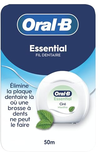 Oral-B Fil Dentaire Essential Pour Nettoyage Interdentaire, Ciré Pour Les Espaces Etroits, Saveur Menthe, Rouleau De 50 m Pour Des Soins Bucco-Dentaires