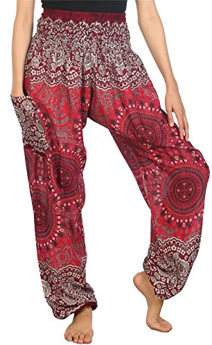 Lofbaz Harem Pants for Women Hippie Boho Festival Clothing - Bohemian Trousers for Yoga Beach Summer - Smocked Waist with Pockets - Rose 2 Burgundy L