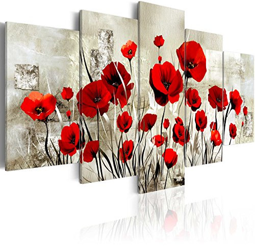 B&D XXL - Wandbilder XXL Blumen 225x112cm 5 tlg - Wand Deko Leinwand Bilder Groß Wanddeko Wohnzimmer Schlafzimmer Kunstdrucke - Mohnblumen Natur Textur Vintage wie gemalt