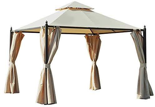 Outsunny Gazebo da Giardino 3 x 3m con 4 Tende Laterali e Doppio Tetto Beige