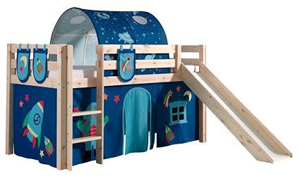 Spielbett inkl. Rutsche mit Textilset Vorhang, Tunnel & 3 TaschenAstro, Kiefer Massiv Natur