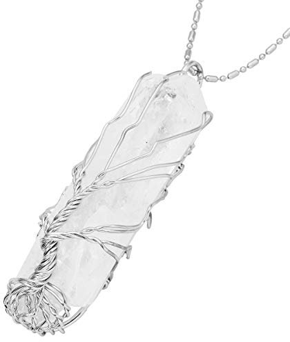mookaitedecor Natural Healing Crystal Clear Quartz Tree of Life Necklace Women Men, Silvery Wire Wrapped Pendant Semi Precious Stone Crystal Point Necklace Reiki Raw Crystal Necklace Jewellery Gift