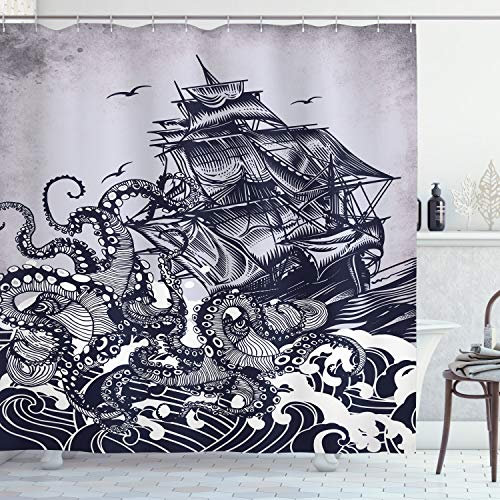 ABAKUHAUS Nautisch Duschvorhang, Krake und Schiff im Sturm, Stoffliches Gewebe Badezimmerdekorationsset mit Haken, 175 x 180 cm, Indigo Purpleblue