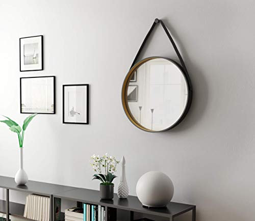 Talos Golden Style runder Spiegel Ø 55 cm – Wandspiegel schwarz mit hochwertigem Aluminiumrahmen – Trendiger Rundspiegel mit Aufhängeband in Lederoptik – Moderner Spiegel für Badezimmer und Wohnräume