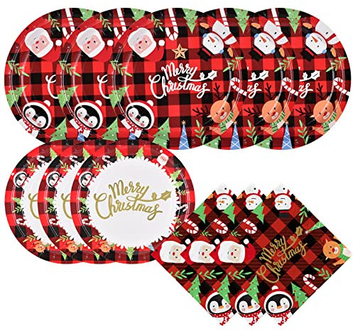 Weihnachtsteller Serviette Einweg-Vichy-kariert Büffel-Plaid mit Weihnachtsmann Schneemann