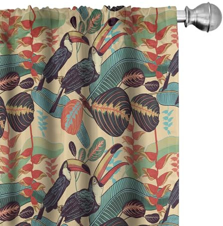 ABAKUHAUS Tukan Vorhänge, Gardinen, Vivid Sumer Blätter und Vögel, Fensterbehandlungen für Wohnzimmer Schlafzimmer Dekor, 2 Stück 75 cm b x 245 cm h, Pastell Brown Multicolor