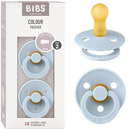 BIBS Colour Schnuller 2er-Pack, BPA-frei, Kirschform Nippel. Naturkautschuk/Latex, Hergestellt in Dänemark, Größe 2 (6-18 Monate), Baby Blue