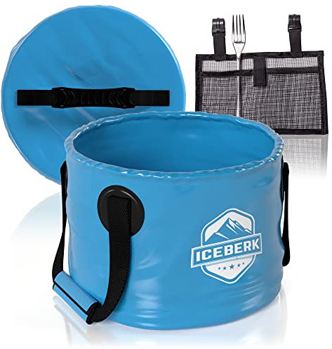 Iceberk | Cubo plegable con tapa y bolsa de red - 15L | Cubo portátil para exteriores - impermeable, resistente y que ahorra espacio | Cubo de lavado y almacenamiento para camping fabricado en PVC