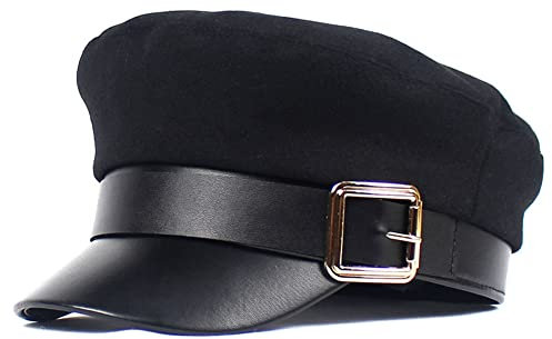 QUUPY Schwarze Metallschnalle Bretonische Fiddler Cap Vintage British Flat Top Fisherman Hat Newsboy Hat Visier Barett Cap Paperboy Gatsby Hut