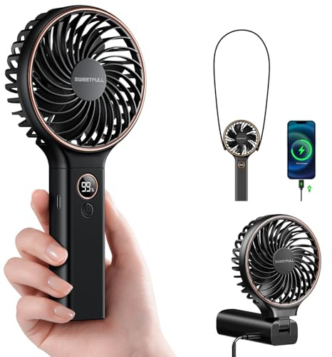SWEETFULL Handheld Portable Fan, 5000mAh Rechargeable Battery, 6 Speed Wind, LED Digital Display, Foldable Electric Personal Mini Travel Fan with Backup Power, Summer Essentials Gifts for Women Girl