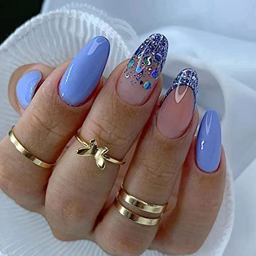 AKOFIC 24 Pièces Faux Ongles Français Court Amande, Ballerine Faux Ongles avec Colle à Ongles, Press On Nails Faux Ongles à Coller Nail Art pour Femme et Fille (Ovale Paillettes Bleu)