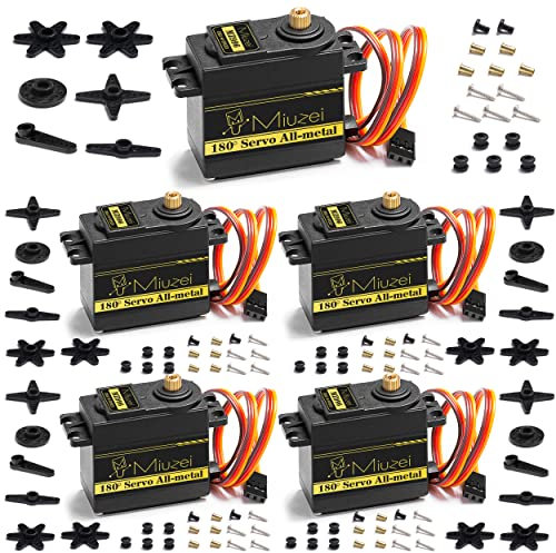 Miuzei Lot de 5 Servomoteurs Numériques 15 kg - Transmission en Métal - Haute Vitesse - Couple Servo - Pour Voiture RC - 1:8 1/10-12 - Hélicoptère, Avion, Voiture, Bateau, Bras de Robot