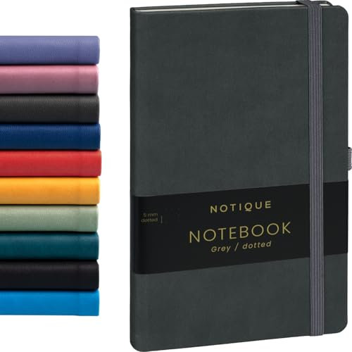 NOTIQUE Notizbuch Dotted, Hardcover Notizbuch, Notizheft, Journal, Tagebuch mit Gummiband und Stifthalter 13x21cm, 192 Seiten (Grau, Gepunktet)