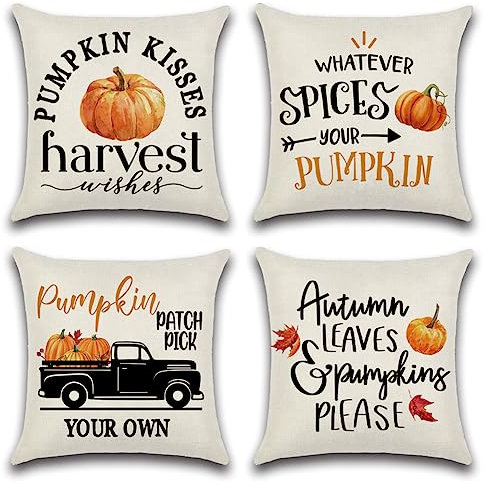 Artscope 4 Stück Kissenbezüge 50x50cm Herbst-Thema Kissenbezug Kürbis Ahornblatt LKW Dekokissen Kissenhülle Erntedankfest Wurfkissenbezug Couchkissen Fallkissen für Sofa Auto Schlafzimmer