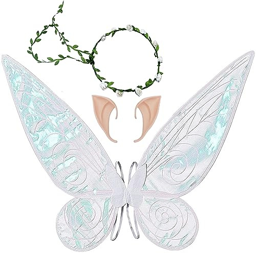 Feenflügel Schmetterlingsflügel mit Elfenohren Blumenkranz Erwachsene Flügel Kostüm Kinder Prinzessinnenflügel Damen Mädchen Flügel Kostüm Wings für Weihnachts Karneval Geburtstags Cosplay