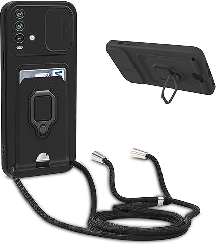 YFSYLL Handykette Schutzhülle kompatibel mit Xiaomi Redmi Note 9 Handyhülle mit Band,Silikon Handyhülle Case mit Schiebe Kameraschutz,360 Grad Ringhalter Stand,Kartenfach,Schwarz