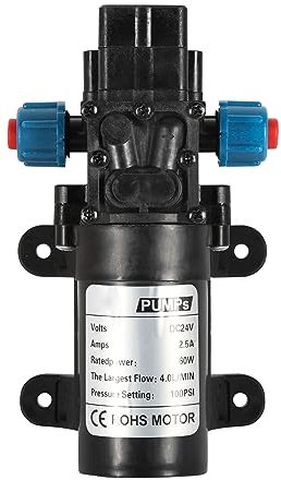 DEWIN Pompa Acqua, 24V 60W Membrana ad Alta Pressione Pompa Autoadescante a Membrana ad alta Pressione Pompa Acqua a Micro Membrana 4L/min Spruzzatore Acqua Autolavaggio ad Alta Pressione