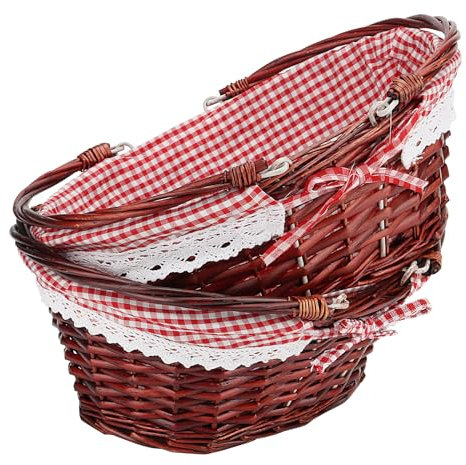 JOIKIT 2Pcs Brown Oval Traditional Wicker Shopping Storage Basket with Folding Handles and Fabric Lining, Wicker Picnic Willow Basket for Wedding, Party