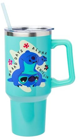 Silver Buffalo Disney Lilo and Stitch Aloha No Bad Days Chillin’ Stainless Steel Tumbler with Handle and Straw, Fits in Standard Cup Holder, 40 Ounces