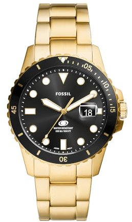 Fossil Blue uhr für Herren, Quarzwerk mit Edelstahl- oder Lederarmband, Schwarz und Goldton, 42MM