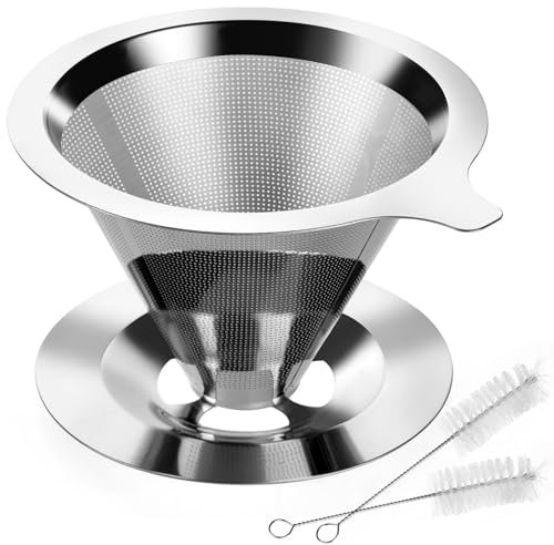 GGXZHT Kaffeefilter Wiederverwendbar, Kaffeefilter Edelstahl, Permanent Handfilter Kaffee Filter, Papierloser Kaffeefilter mit Sockel und Reinigungsbürsten