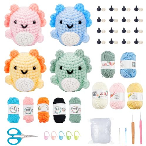 FREEBLOSS 8 Set Häkelset Axolotl, Salamander, Häkelpuppe, Häkeltierset, Häkelsalamander Mit Videoanleitung, Häkelset Für Anfänger Und Erwachsene, 5 Fädiges Garn