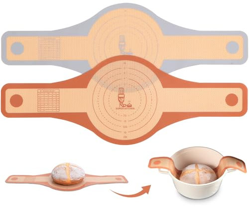 SUPER KITCHEN 2PCS Silikon Brotschlinge mit Extra Breiten und Langen Griffe, Antihaft Silikon Backmatte Brot für Dutch Oven, Wiederverwendbare Sauerteig Brotbackmatte für Brottopf, Rund (Grau, Braun)