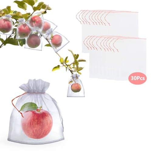 30 Pcs 10''×14'' Fruit Protection Bags, Garden Netting Bags with Drawstring, Fruit Netting Bags for Fruit Trees, Plant Covers Protect Fruits Vegetables Tomato Apple Peach Trees (30)