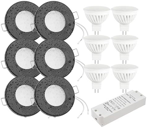 JungesLicht 6er Set Bad Einbaustrahler Aqua IP54 Schwarz Matt, 83mm Außen, für 55-68mm Bohrlöcher, mit MR16 12Volt LED Leuchtmittel 6Watt und Trafo - Einbauspot, Deckenspot (Warmweiß 3000K)