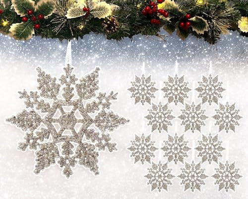 12pk Glitter Snowflake Hanging Decorations, Christmas Tree Snowflake Baubles/Ornaments (Champagne Gold)