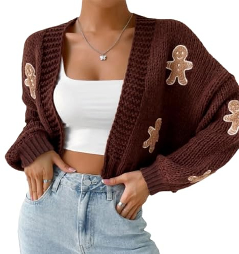 Lebkuchen-Cardigan für Damen, Weihnachts-Lebkuchenmann-Cardigan, Weihnachts-Kurzpullover mit offener Vorderseite für Damen