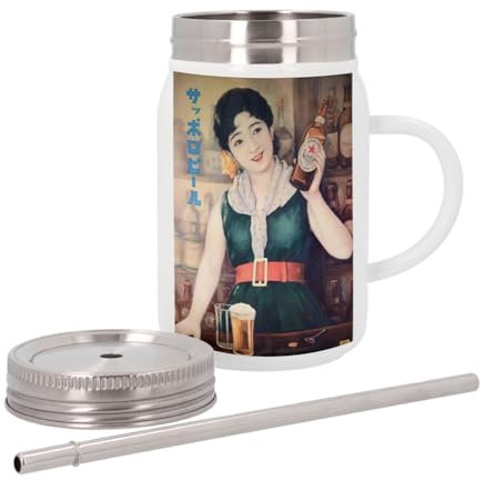 Mug Isotherme en Inox avec Couvercle et Paille - Affiche Publicitaire Japonaise Vintage/Sapporo Beer - 500 ml - Tasse Thermo