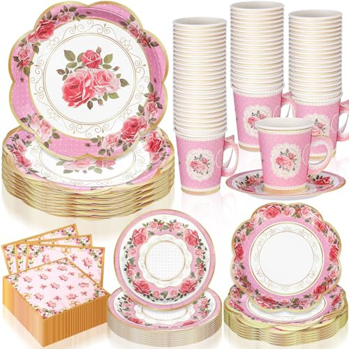 Honeydak Teeparty-Einwegbecher und Untertassen, Set mit Blumenmuster, Teeparty-Zubehör, 50 Gäste, Blumen-Teetassen mit Griff, 22,9 cm, 17,8 cm, Blumen-Tee-Pappteller, Untertassen, Servietten für