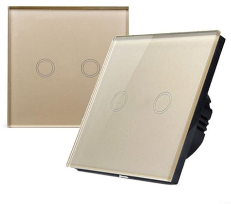Smart Light Switches, Double Dimmer Touch Switch 2-Gang 1-Way LED Compatible White Glass Panel No Neutral Wire 110-240V(gold)
