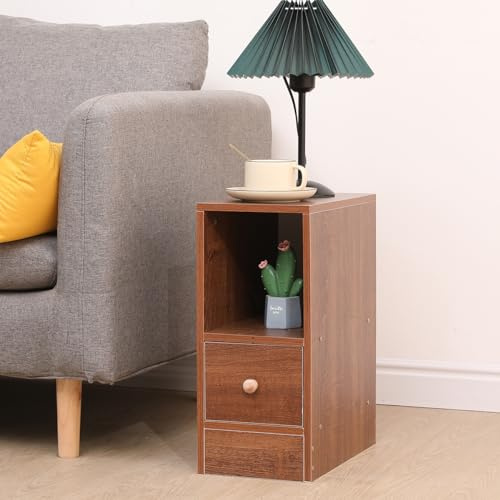 Rainbow Tree 20cm Narrow Bedside Table Brown with Drawer&Open Shelf, Slim Table Cabinet 20cm for Small Space, Nightstand End Side Table for Bedroom (Brown, 20Wx35Dx45H cm)